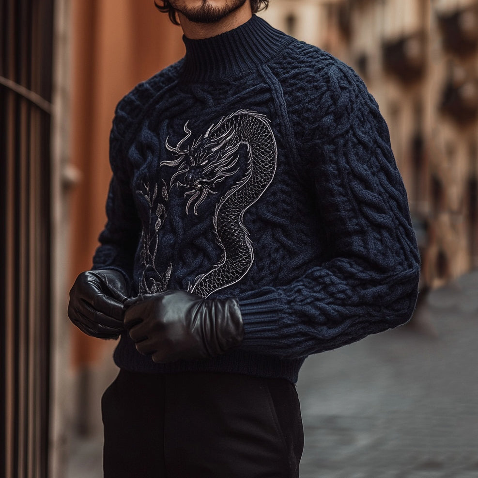 Men's Chunky Knitted Dragon Totem Turtleneck Sweater artswardrobe