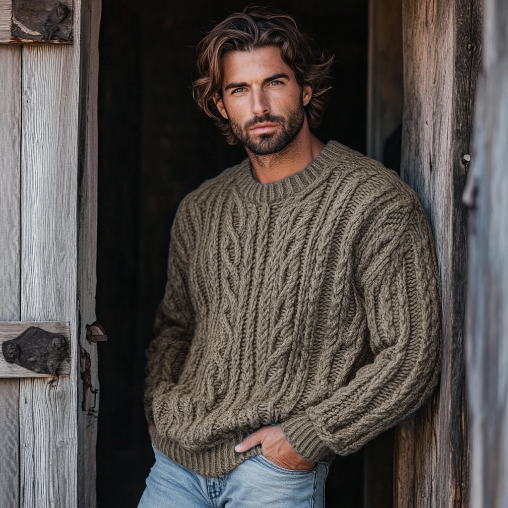 Men'S Burlap Jacquard Crew Neck Aran Sweater artswardrobe