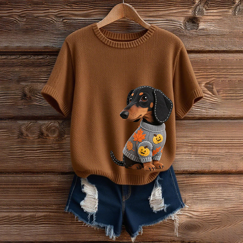 Classic Autumn Dachshund With Felt In Autumn Inspired Embroidered Short Sleeve Cozy Knit Sweater elevenforest
