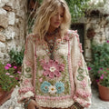 Women's Boho Floral Chunky Knit Small V-neck Sweater artswardrobe