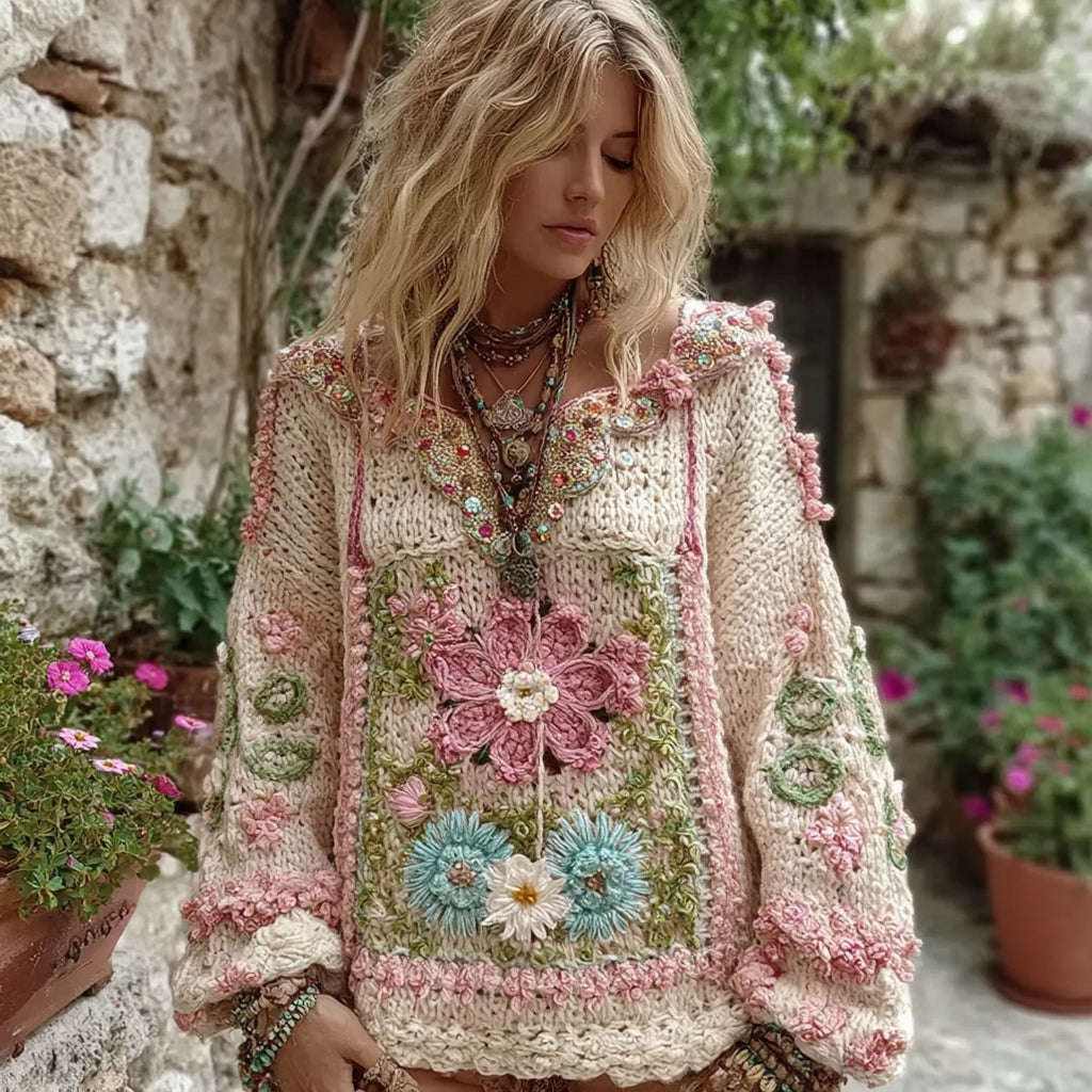 Women's Boho Floral Chunky Knit Small V-neck Sweater artswardrobe