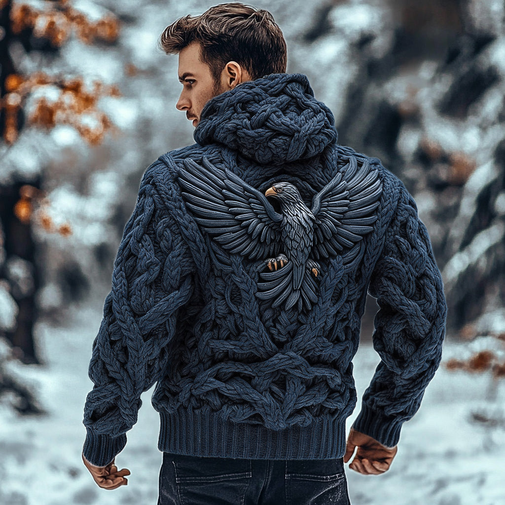 Men's Viking Tribal Eagle Celtic Chunky Knit Hooded Sweater artswardrobe