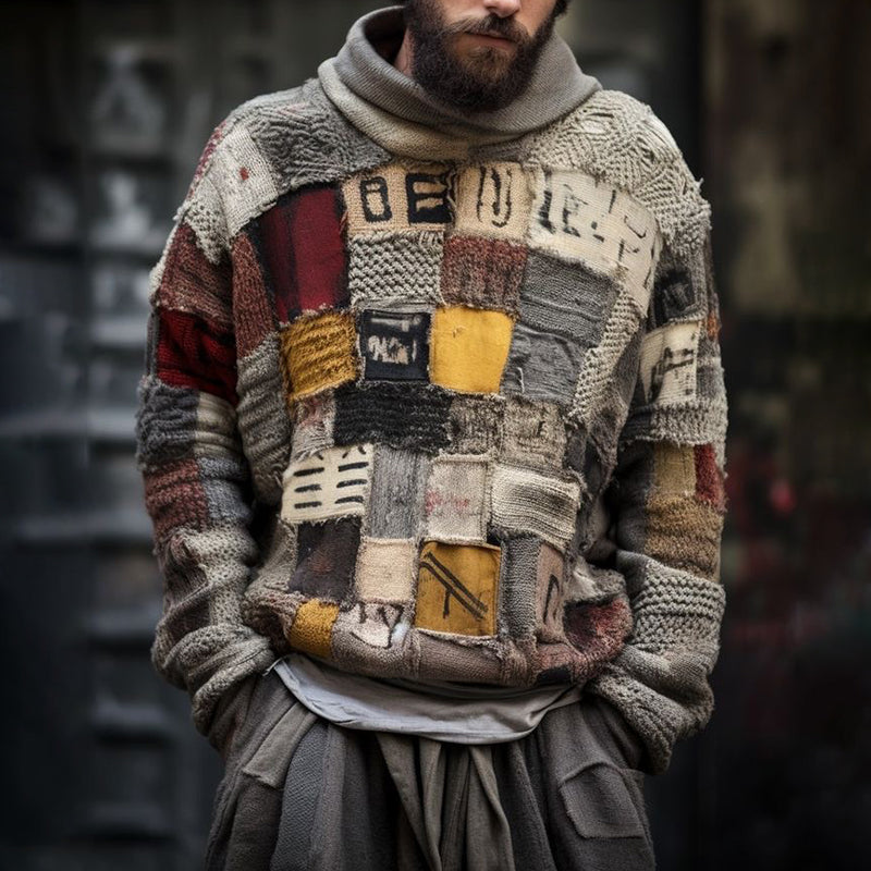 Men'S Retro Geometric Patchwork Art Cozy Knit Hooded Sweater artswardrobe