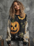 Halloween Pumpkin Face And Plant Flower Pattern Design Women's Round Neck Knit Sweater elevenforest