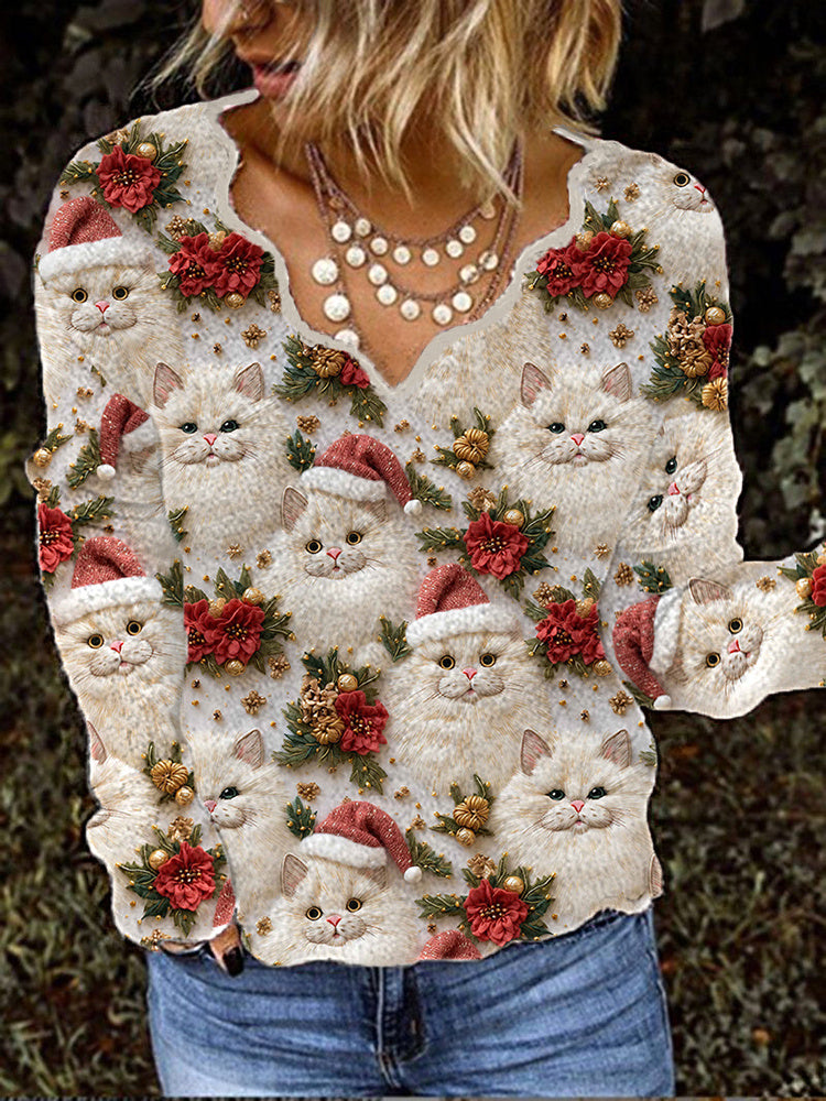 Vintage Christmas Cats & Floral Print Cozy Knitted Sweater elevenforest