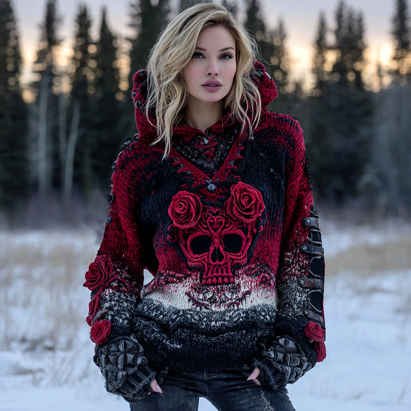 Women's Viking Gothic Rose And Skull Inspired Knit Hooded Sweater elevenforest
