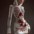 Comstylish Vintage Skeleton Bones With Rose Women's Knit Hooded Sweater Dress