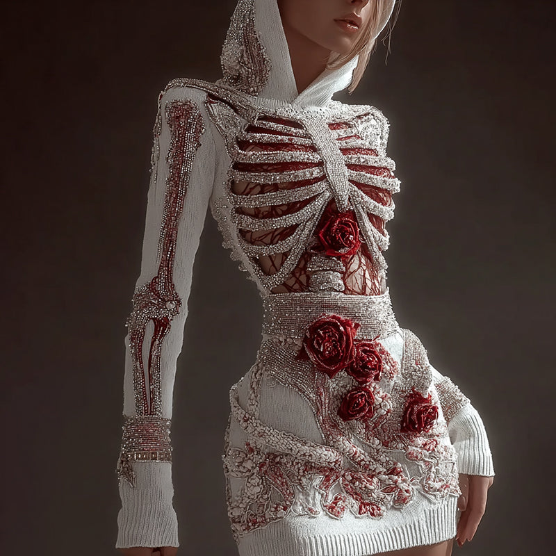Comstylish Vintage Skeleton Bones With Rose Women's Knit Hooded Sweater Dress