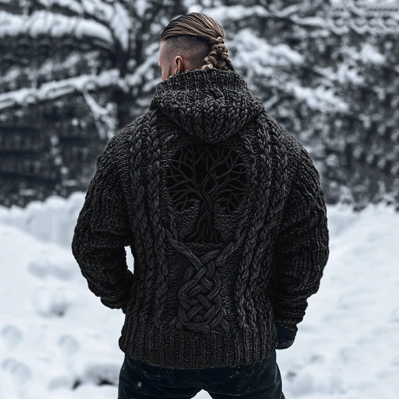 Men's Viking Tribal Tree Of Life Celtic Chunky Knit Hooded Sweater artswardrobe