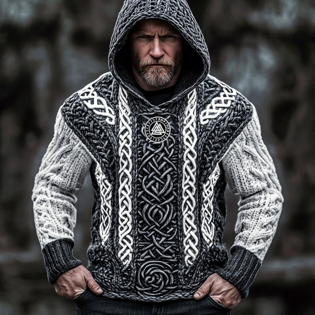 Men's Vintage Viking Runes Celtic Cozy Chunky Hooded Sweater artswardrobe
