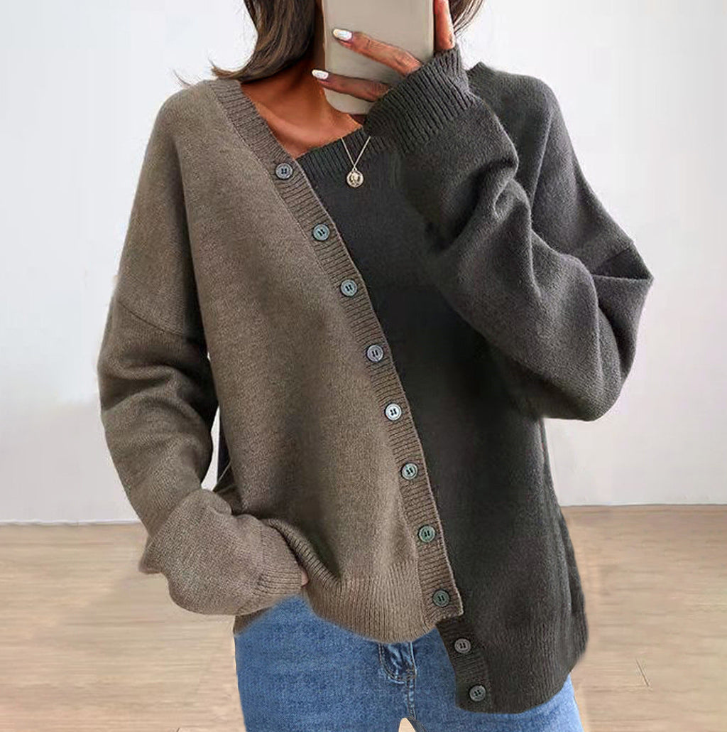 Vintage Asymmetric Button Color Block Comfy Sweater elevenforest