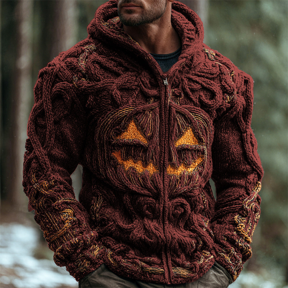 Halloween Pumpkin Emoji Men's Chunky Knit Full Zip Hooded Sweater artswardrobe