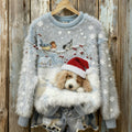 Vintage Christmas Two Robins And Lazy Puppy Art Women's Cozy Plush Sweater