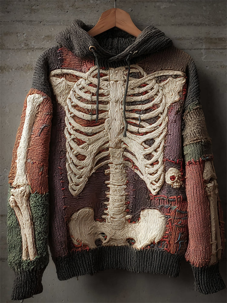 Halloween Skeleton Colorblock Anatomy Cozy Knit Hooded Sweater elevenforest