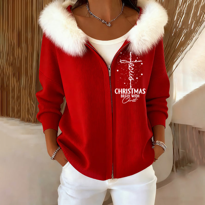 Comstylish Women's Zippered Fur Christmas Casual Hooded Sweater