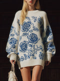 Exquisite Vintage Blue Rose White Sweater Mini Dress