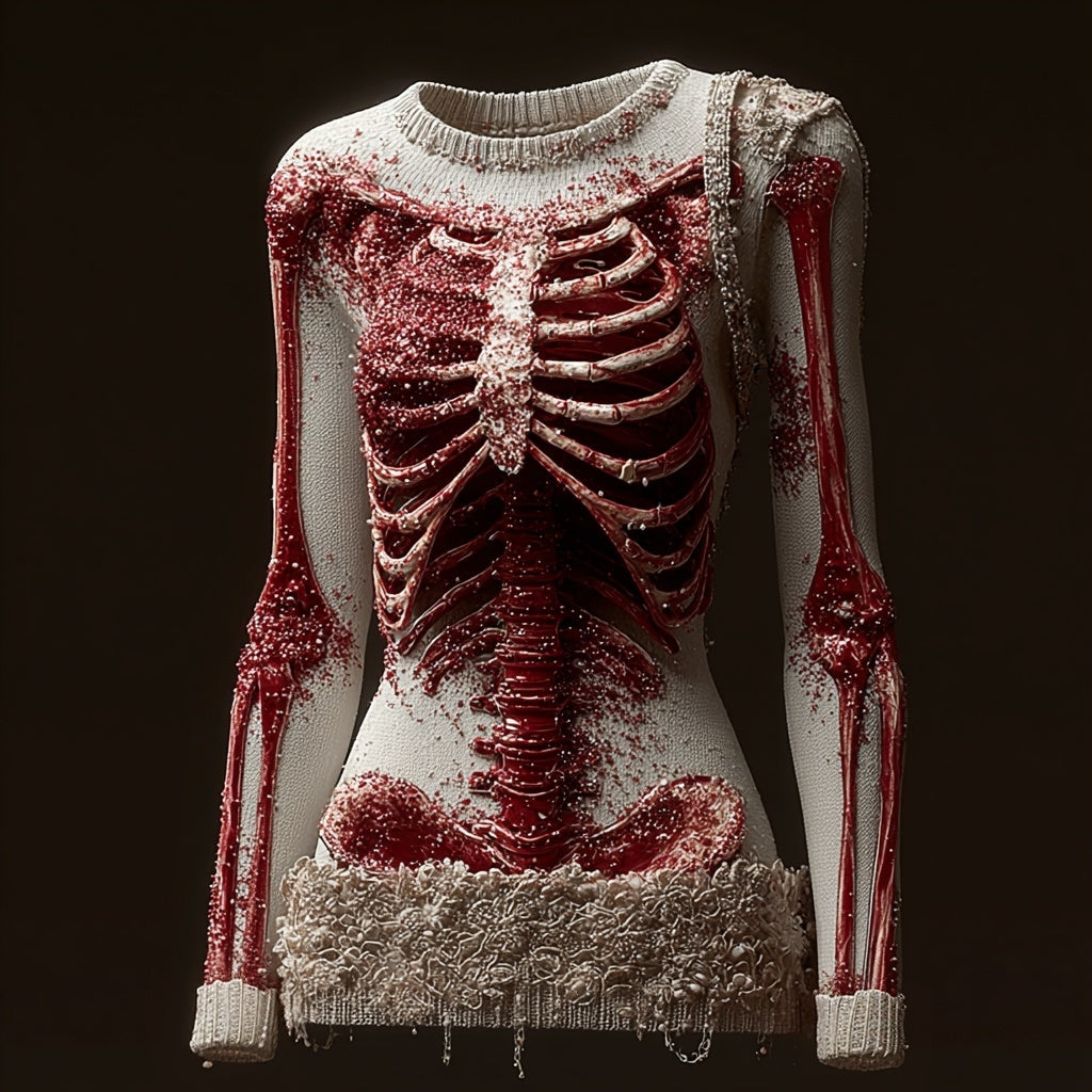 Comstylish Classy Skeleton Bloody Lace Patchwork Round Neck Sweater