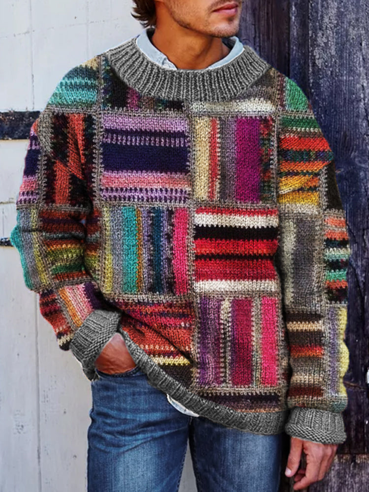 Men's Retro Colorblock Patchwork Cozy Knit Sweater artswardrobe