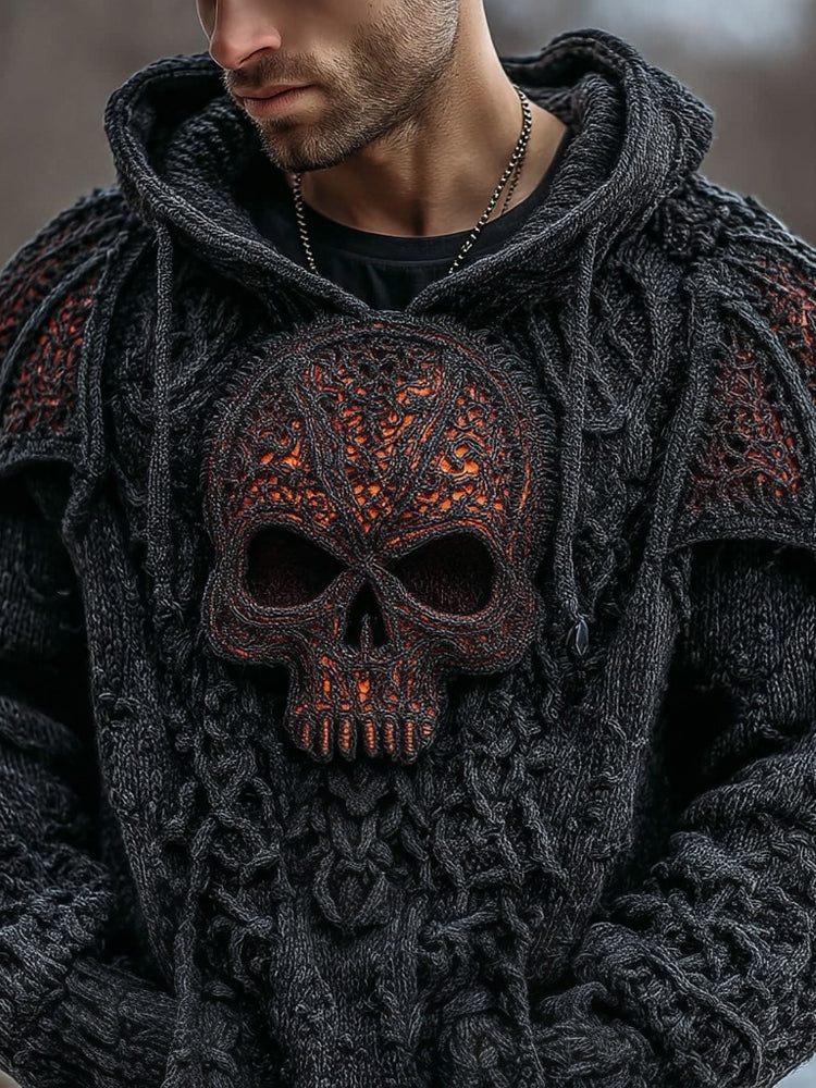 Men's Vintage Spooky Skull & Wings Chunky Hooded Sweater artswardrobe