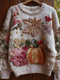 Comstylish Pumpkin And Flower Multi-color Plush Warm Round Neck Sweater