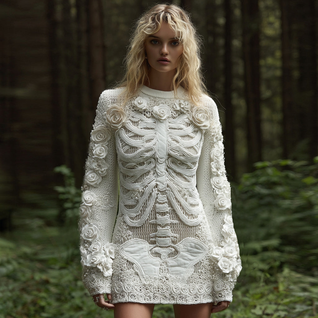 Comstylish Women's Vintage Halloween Skeleton Bones With White Rose Art Cozy Knit Mini Sweater Dress