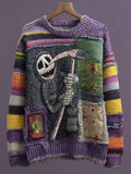 Halloween Spooky Ghoul Embroidered Patchwork Cozy Knitted Sweater artswardrobe
