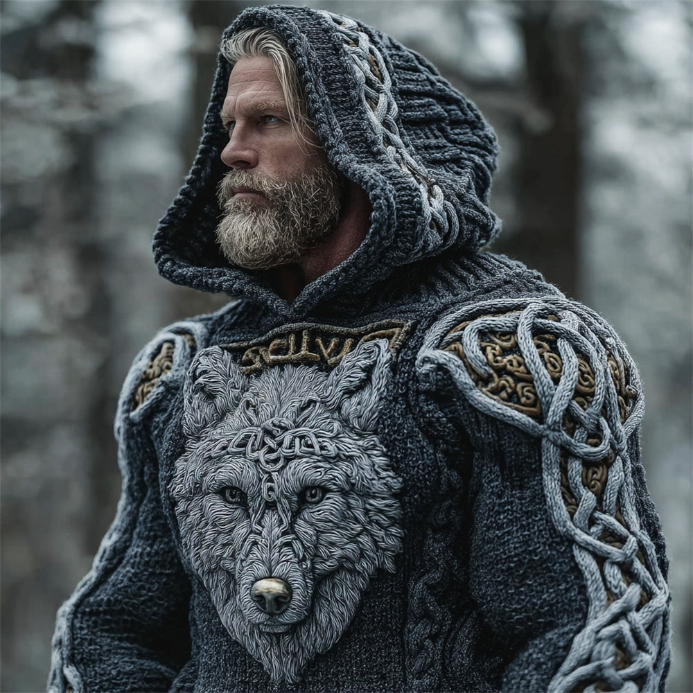 Viking Wolf Totem Men's Chunky Knit Hooded Sweater artswardrobe