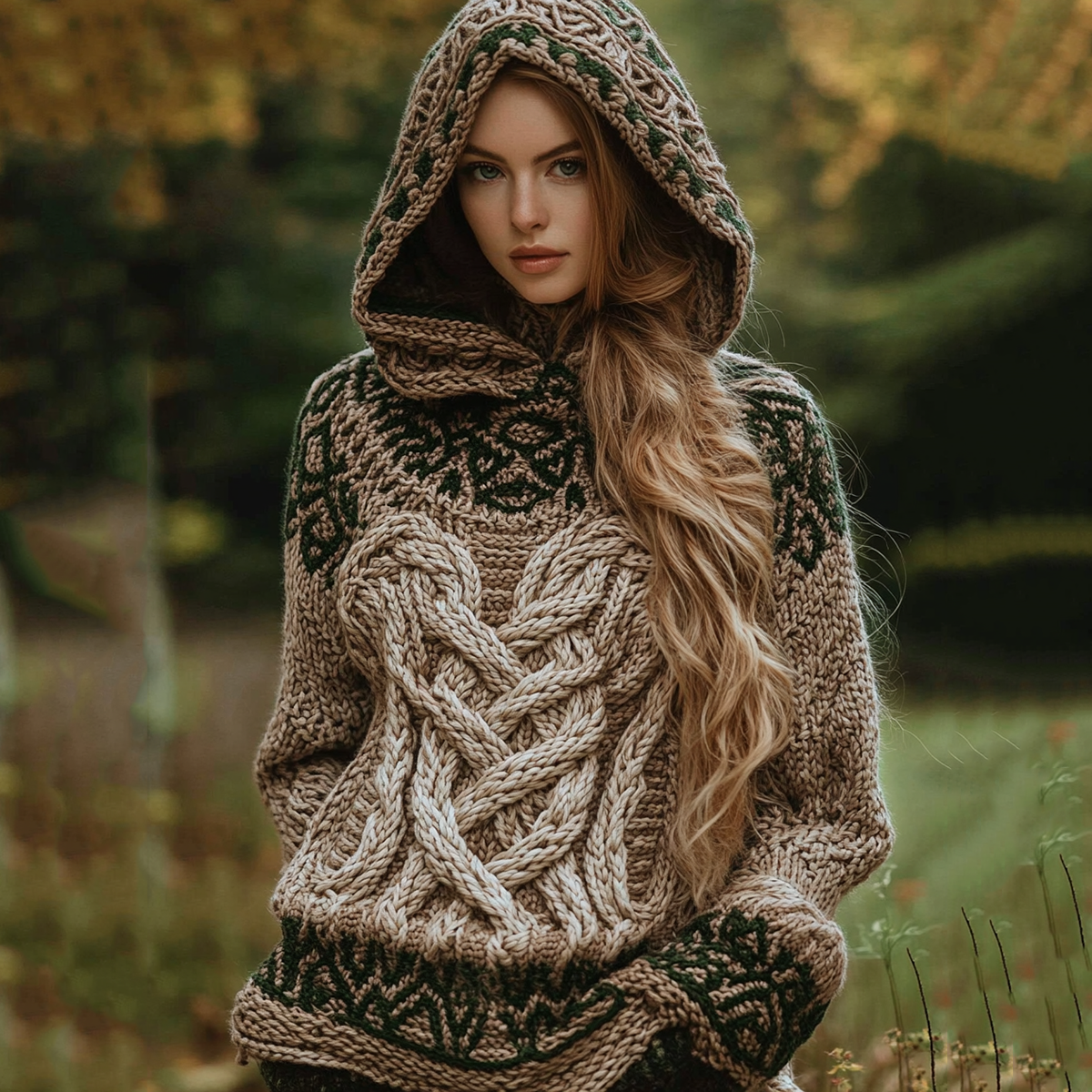 Women's Irish Pattern Jacquard Hooded Sweater artswardrobe