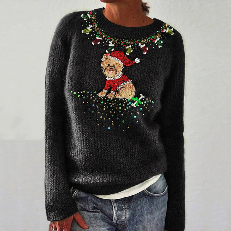 Cute Christmas Puppy Sequin Art Cozy Knit Sweater artswardrobe