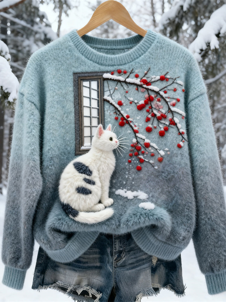Comstylish Winter Flower & Cat Women's Soft Plush Sweater