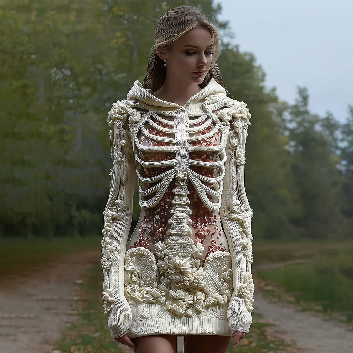 Comstylish Women's Vintage Halloween Skeleton Bones With Glitter And Rose Art Cozy Knit Hooded Sweater Dress