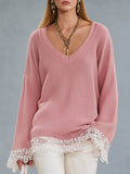 Loose Pink V-neck Lace Long-sleeved Sweater