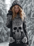 Halloween Skeleton Element Viking Style Women's Hooded Pullover Knit Sweater artswardrobe