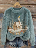 Cozy Winter Cottage Embroidered Pullover Plush Sweater artswardrobe
