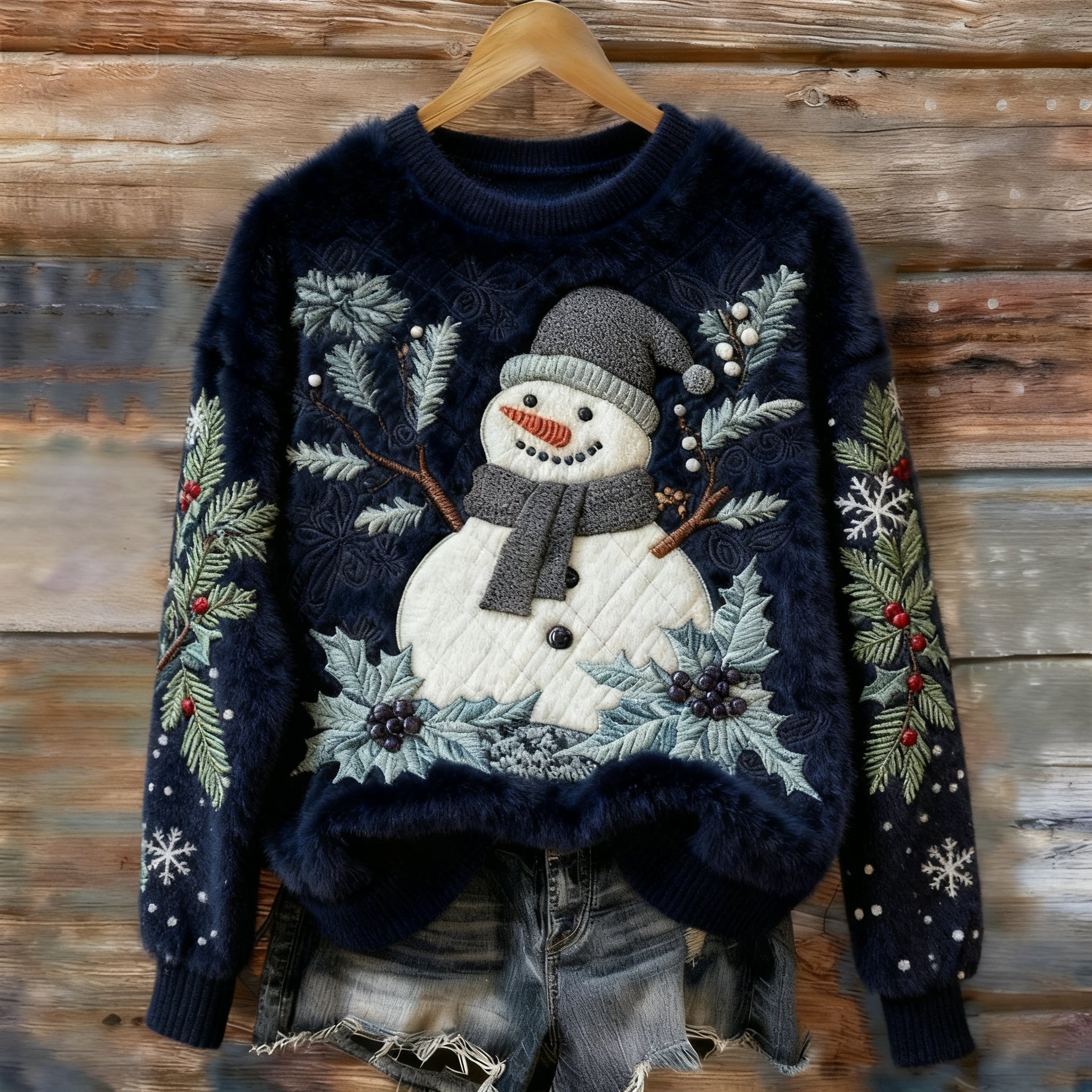 Women's Vintage Christmas Snowmen  Holly Leaf Art Cozy Plush Sweater