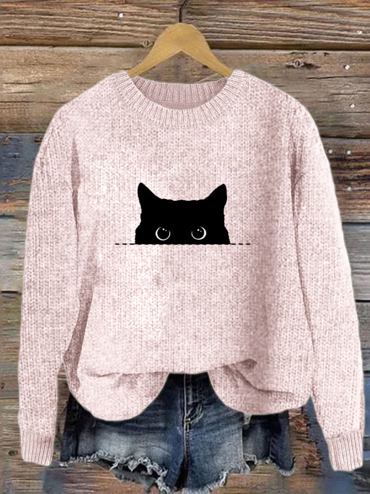 Comstylish Women's Casual Funny Black Cat Print Sweater