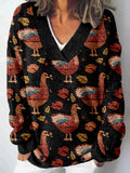 Fall Boho Turkey Pattern V Neck Cozy Sweater artswardrobe