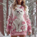 Comstylish Women's Vintage Cute Cat Rose Pattern Cozy Knit Mini Sweater Dress