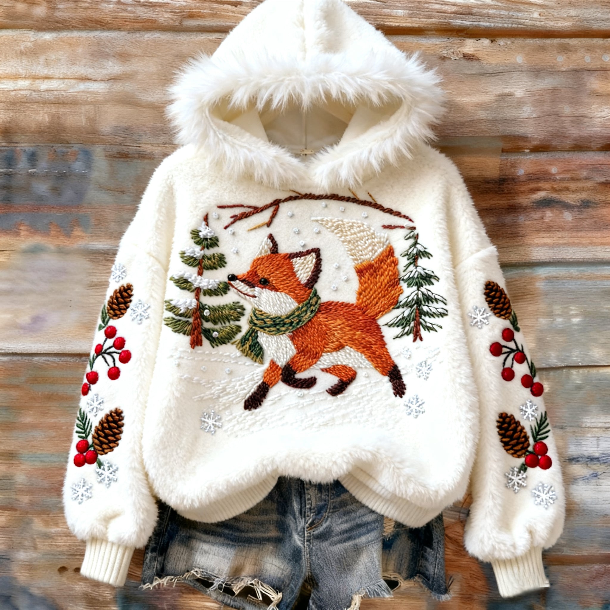 Vintage Christmas Winter Fox Art Women's Cozy Plush Sweater Hoodie
