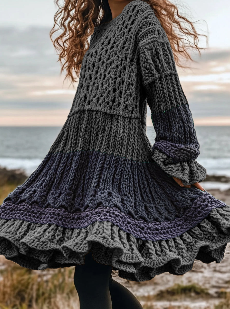 Women's Celtic Knotted Color Block Jacquard Crew Neck Sweater Dress artswardrobe