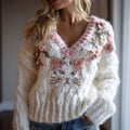 Comstylish Cute Cat Pattern Art Cozy Knitted V-neck Sweater
