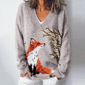 Fall Fox Print V-Neck Cozy Knit Sweater artswardrobe