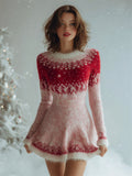 Comstylish Vintage Christmas Snowflakes Yoke Contrast Cozy Sweater Dress