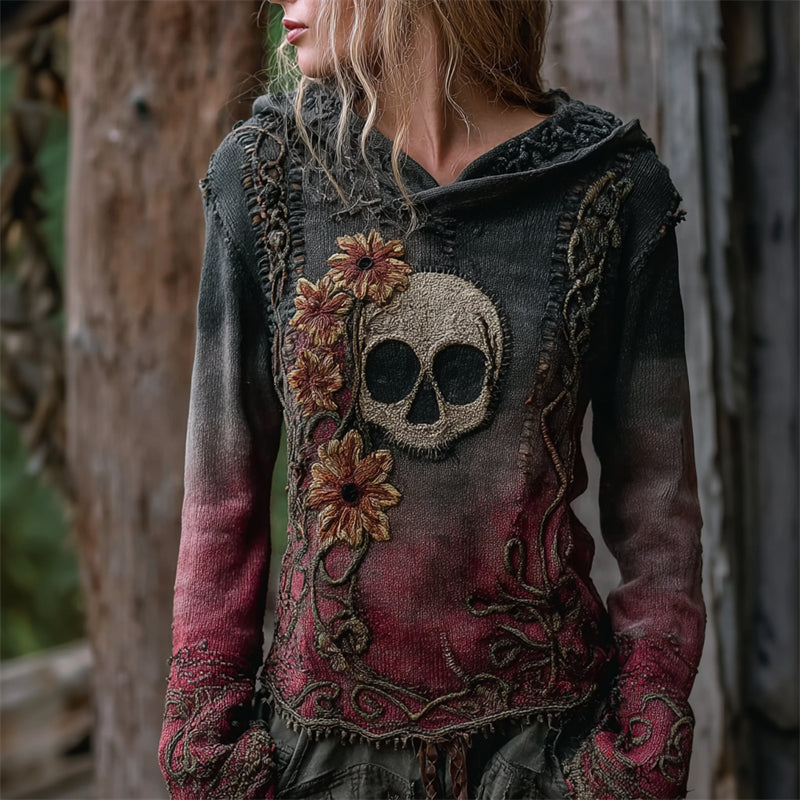 Comstylish Vintage Skull Floral Celtic Gradient Cozy Knit Hooded Sweater
