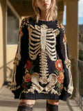 Comstylish Halloween Skeleton & Floral Embroidery Women's Knit Sweater