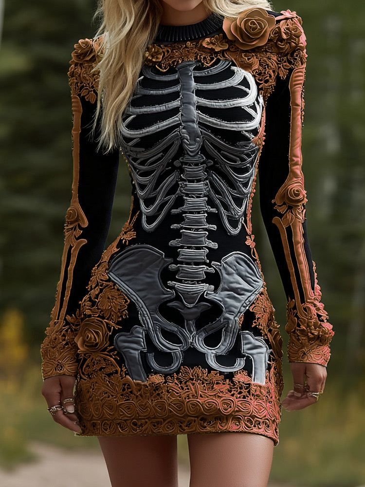 Comstylish Women's Halloween Skeleton Bones Leather With Rose Pattern Art Hot Sexy Style Cozy Knit Mini Sweater Dress