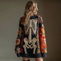 Comstylish Women's Vintage Halloween Skull Flower Art Cozy Knit Sweater Mini Dress