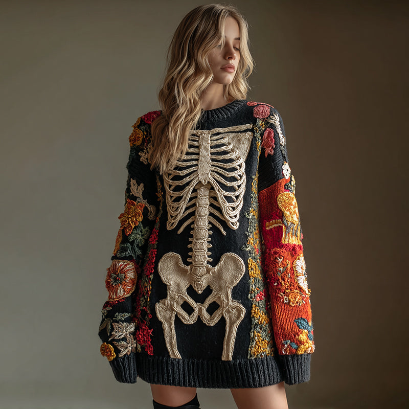 Comstylish Women's Vintage Halloween Skull Flower Art Cozy Knit Sweater Mini Dress
