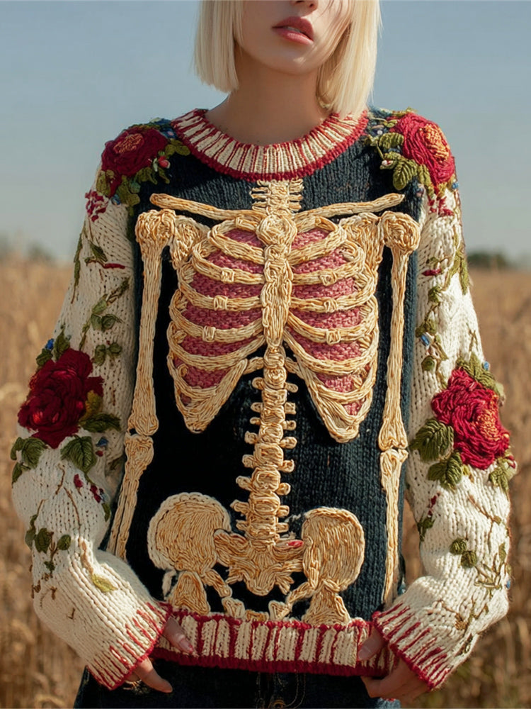 Comstylish Halloween Human Skeleton & Floral Embroidery Women's Knit Sweater