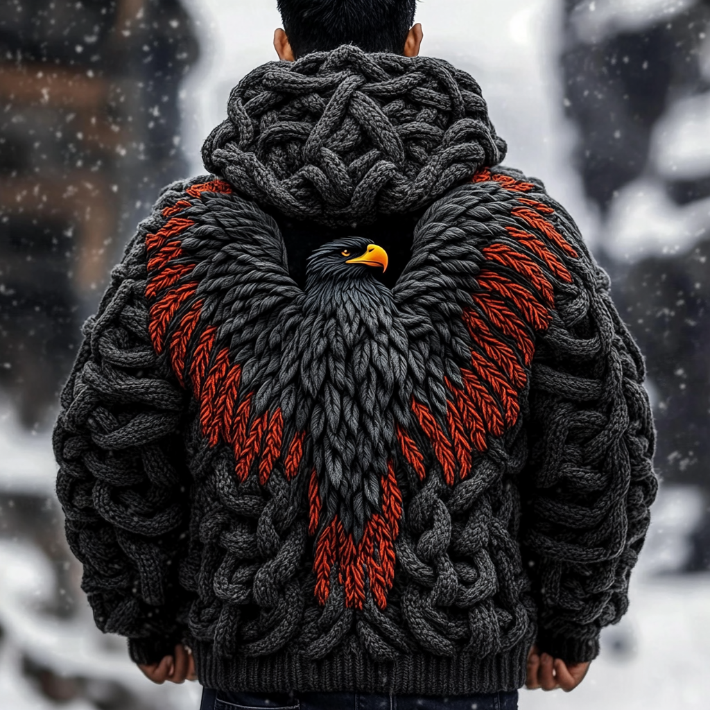 Men's Viking Tribal Eagle Celtic Thick Knit Zip-up Hooded Sweater artswardrobe